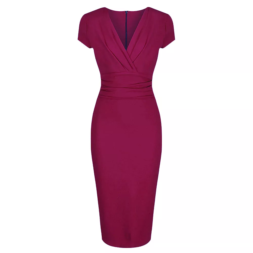 Amaranth Deep V Cap Sleeve Bodycon Ruched Waist Wiggle Dress