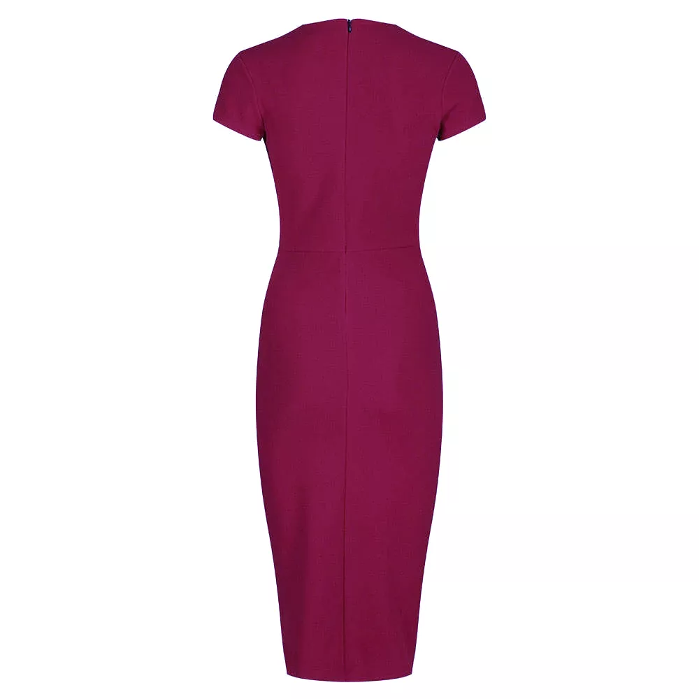 Amaranth Deep V Cap Sleeve Bodycon Ruched Waist Wiggle Dress