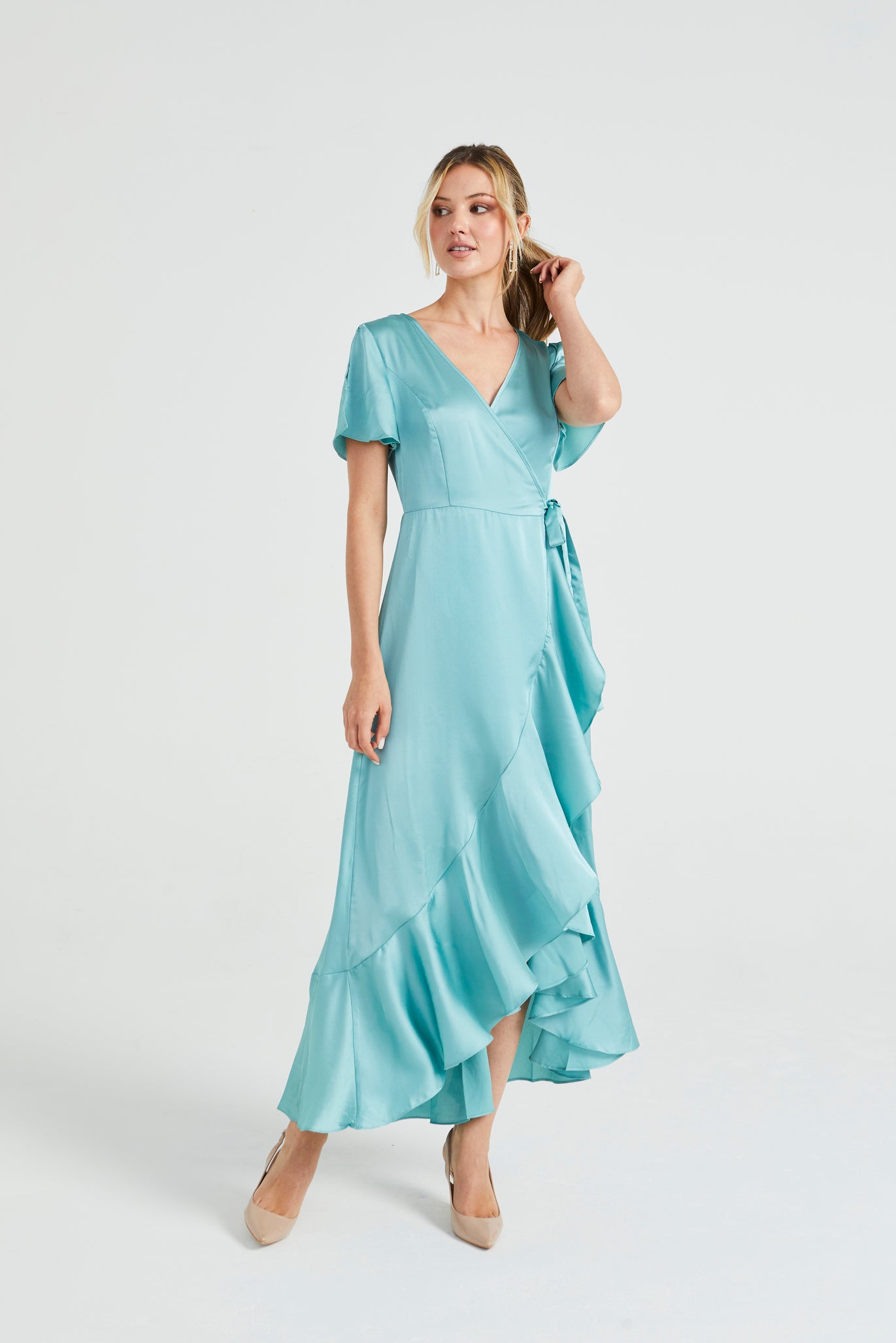 Angeleye Satin Wrap Maxi Dress With Ruffled Hem