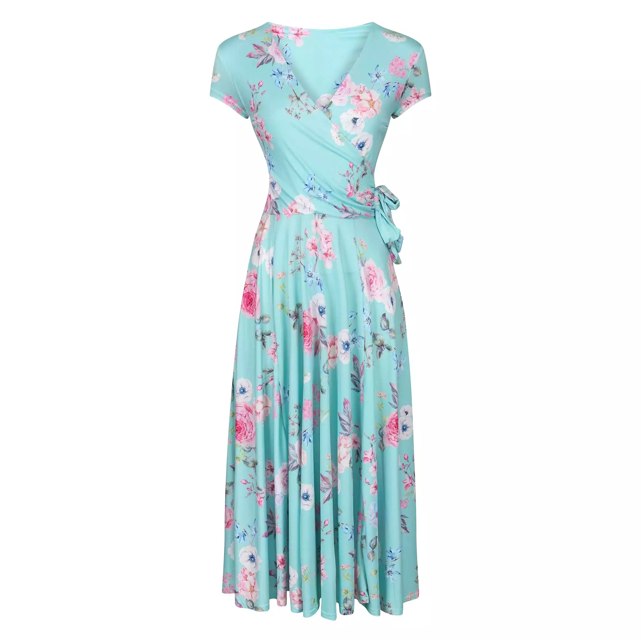 Aqua Mint Floral Print Cap Sleeve Crossover Top Swing Dress