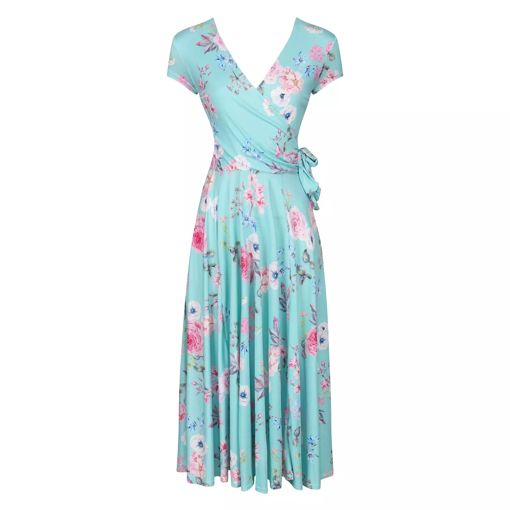 Aqua Mint Floral Print Cap Sleeve Crossover Top Swing Dress