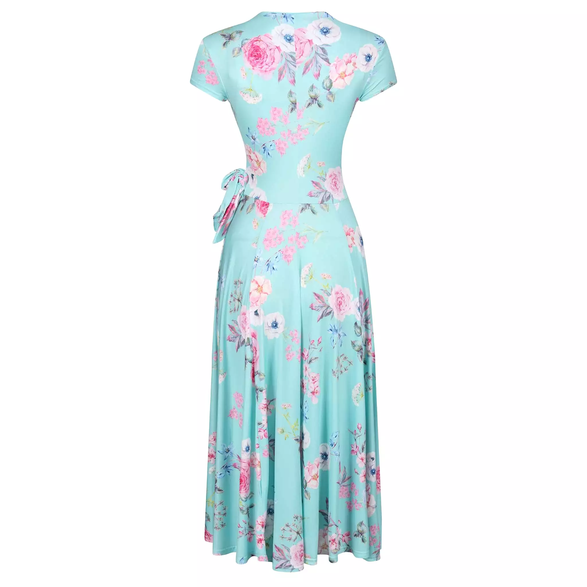 Aqua Mint Floral Print Cap Sleeve Crossover Top Swing Dress