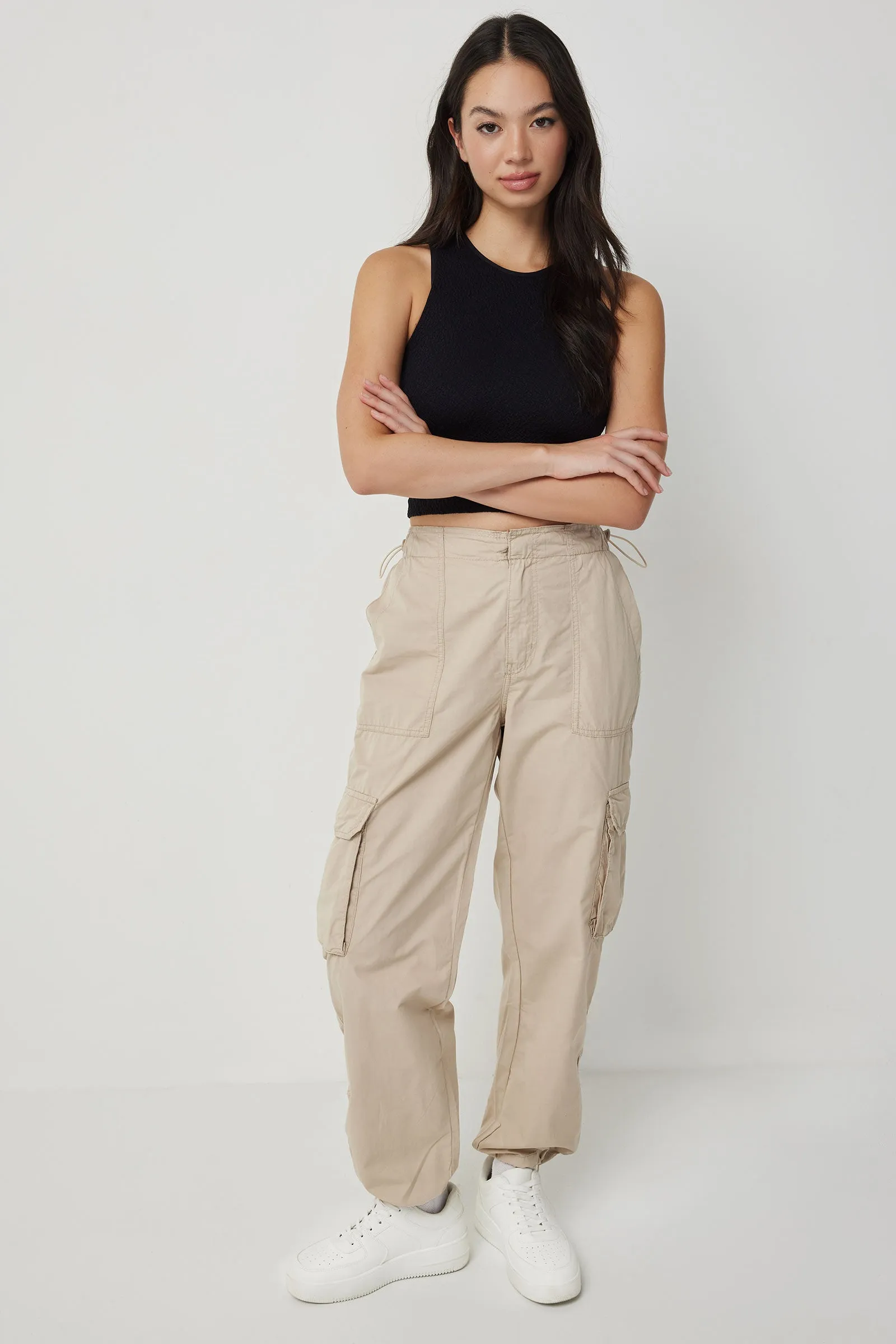 Ardene Ardene Regular Rise Cargo Parachute Pants in Beige | Size | Nylon/Cotton