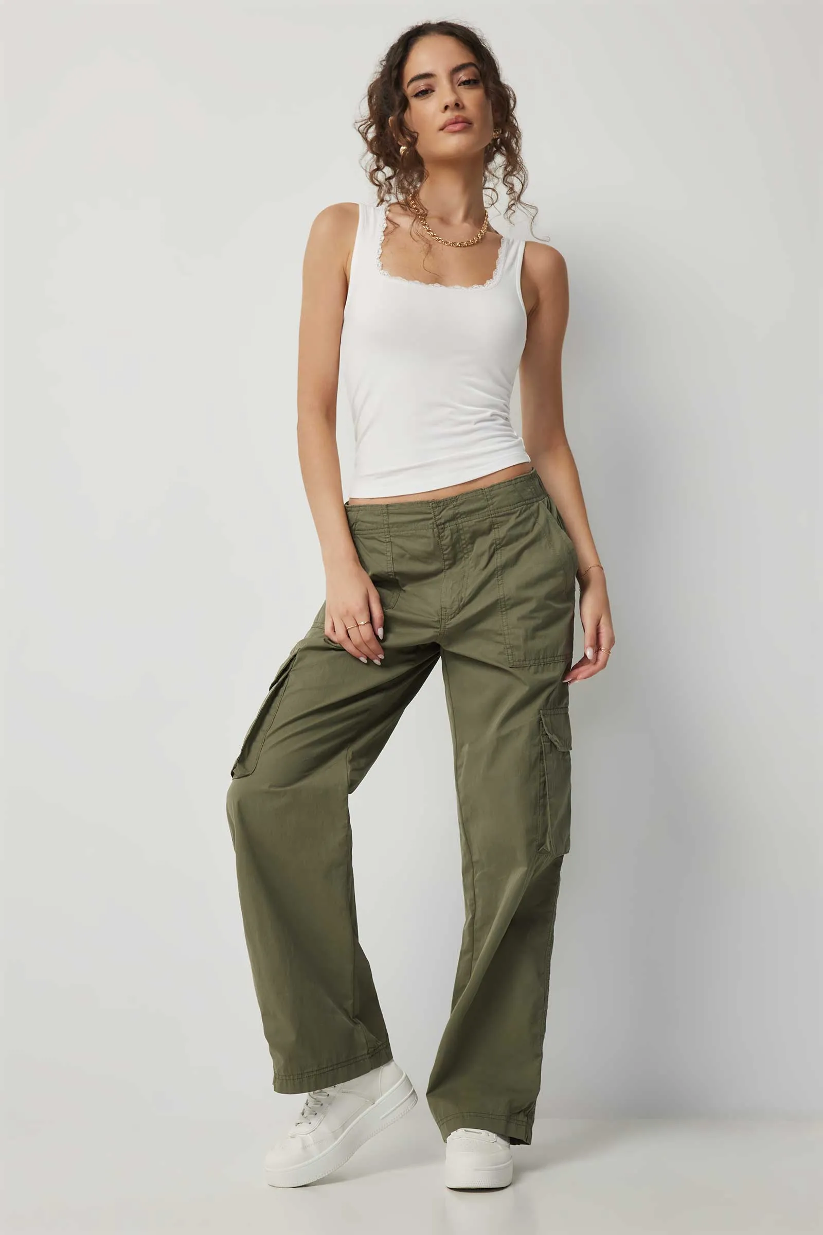 Ardene Ardene Regular Rise Cargo Parachute Pants in Khaki | Size | Nylon/Cotton