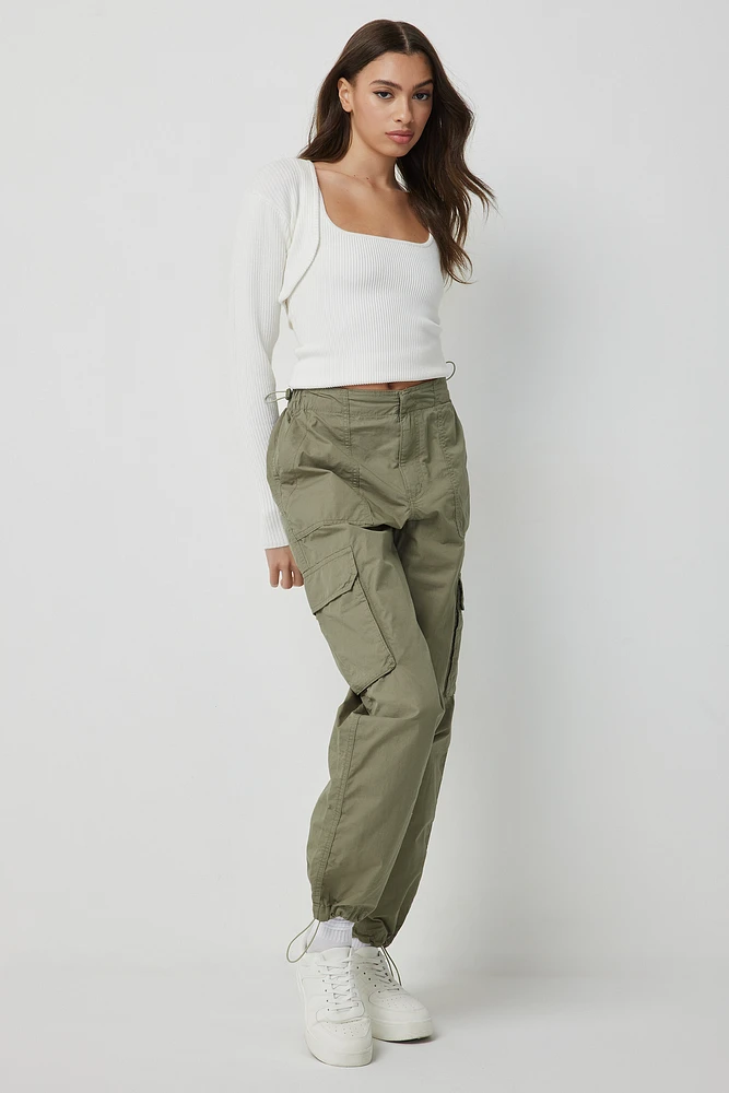 Ardene Ardene Regular Rise Cargo Parachute Pants in Khaki | Size | Nylon/Cotton