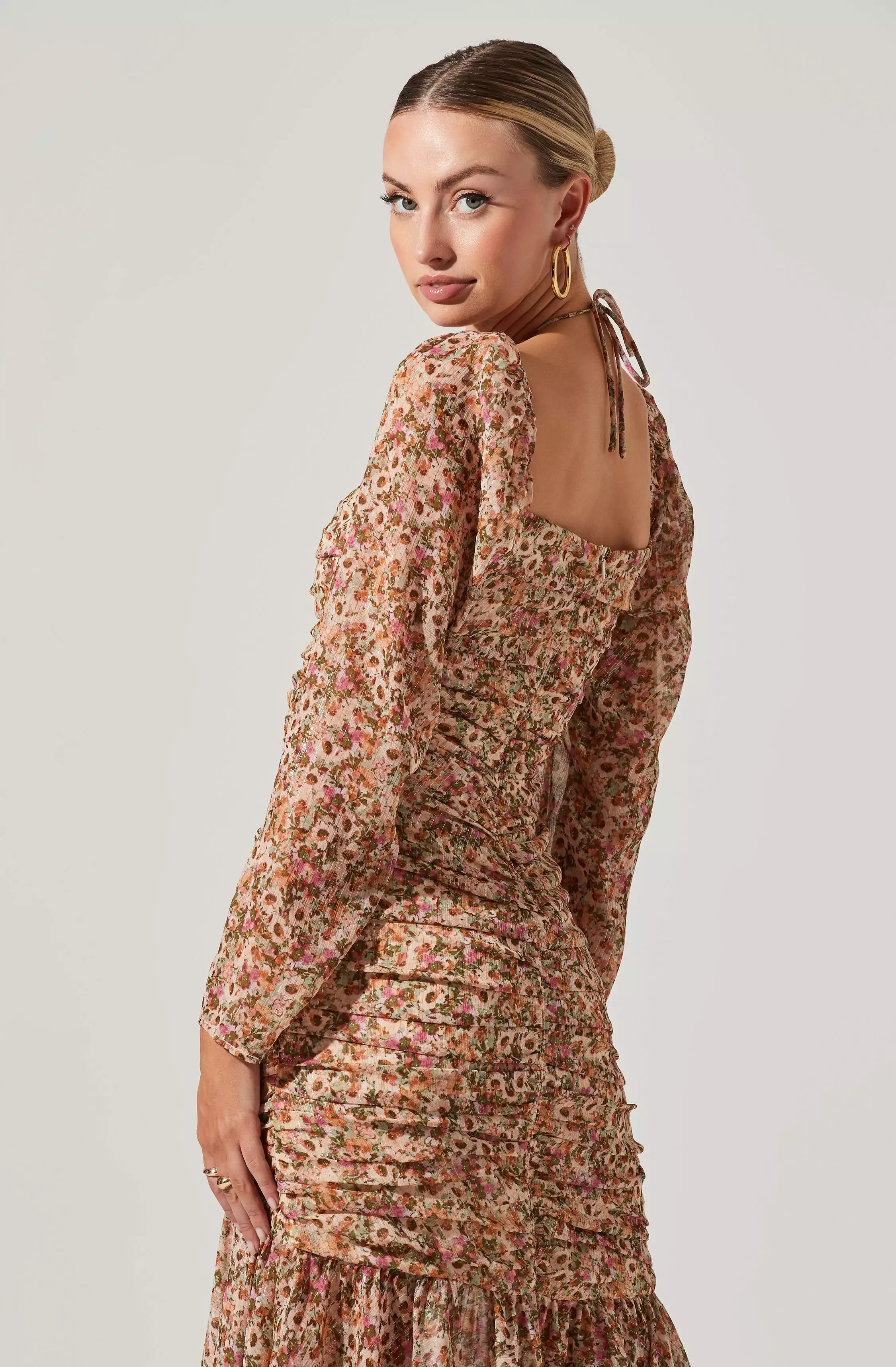 Athena Floral Ruched Long Sleeve Midi Dress