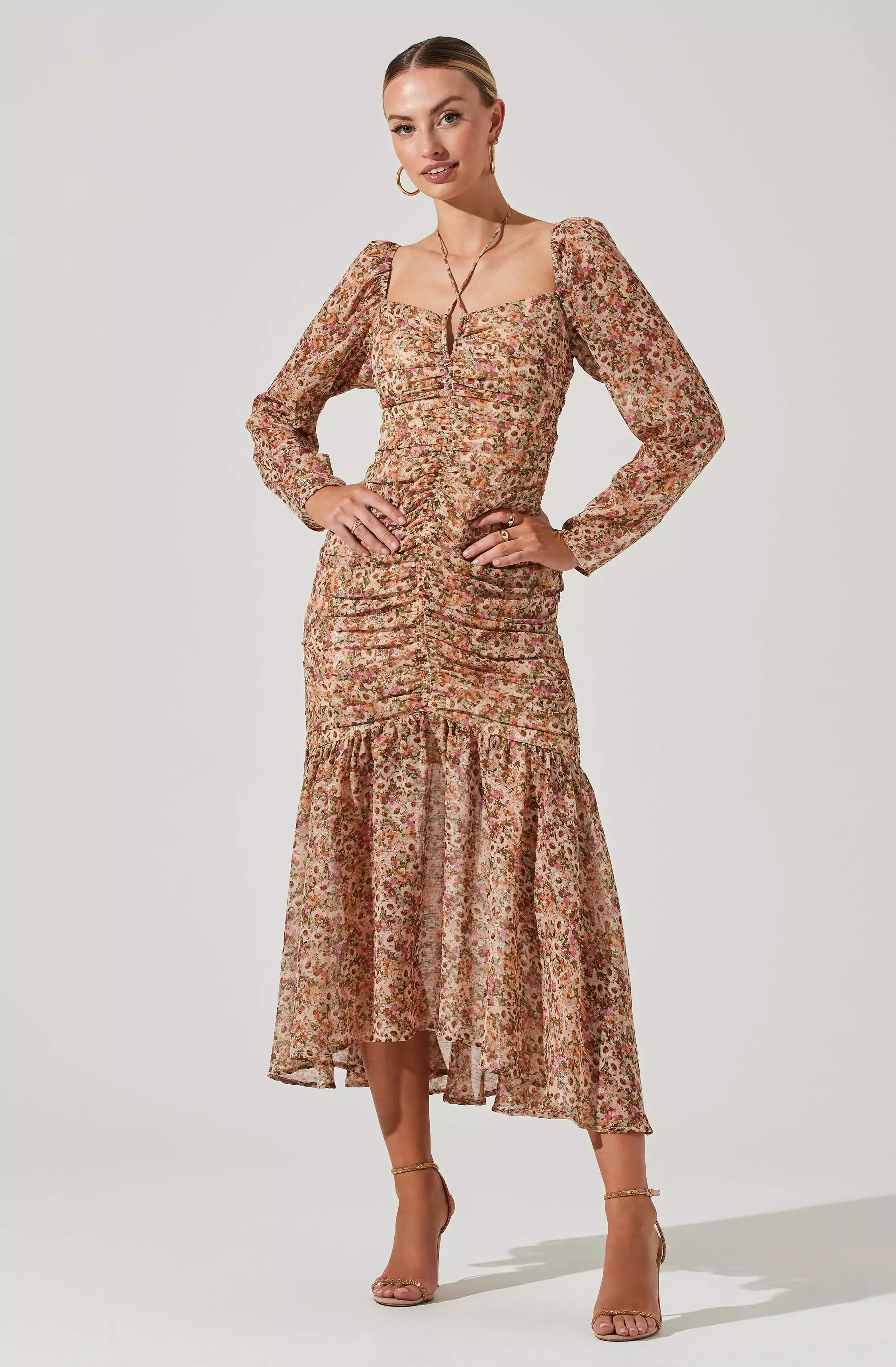 Athena Floral Ruched Long Sleeve Midi Dress