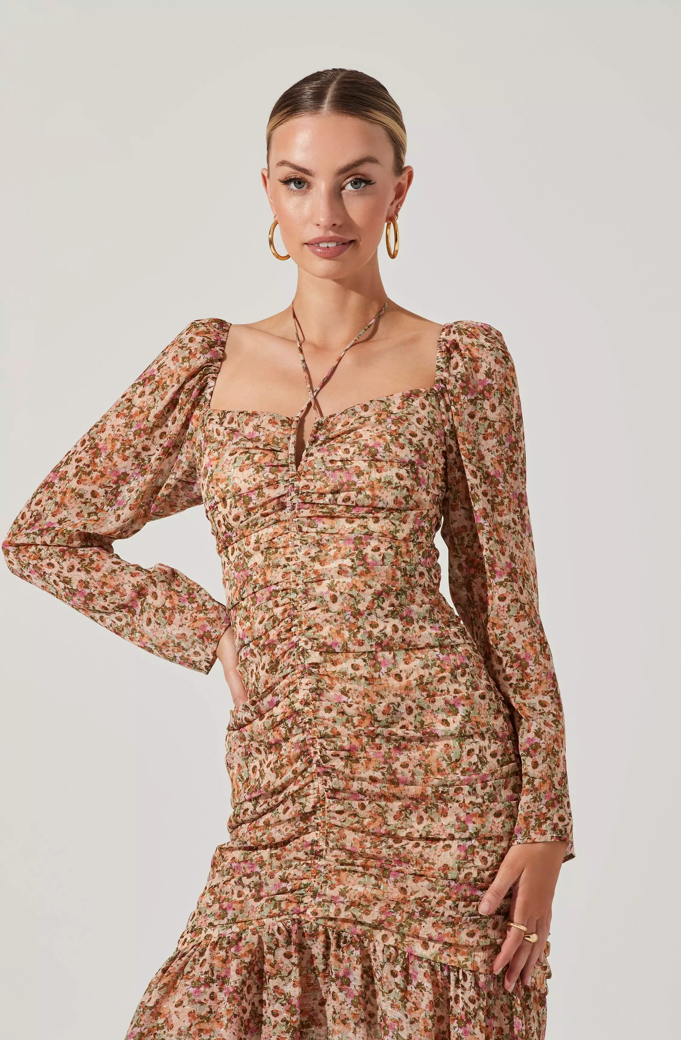 Athena Floral Ruched Long Sleeve Midi Dress