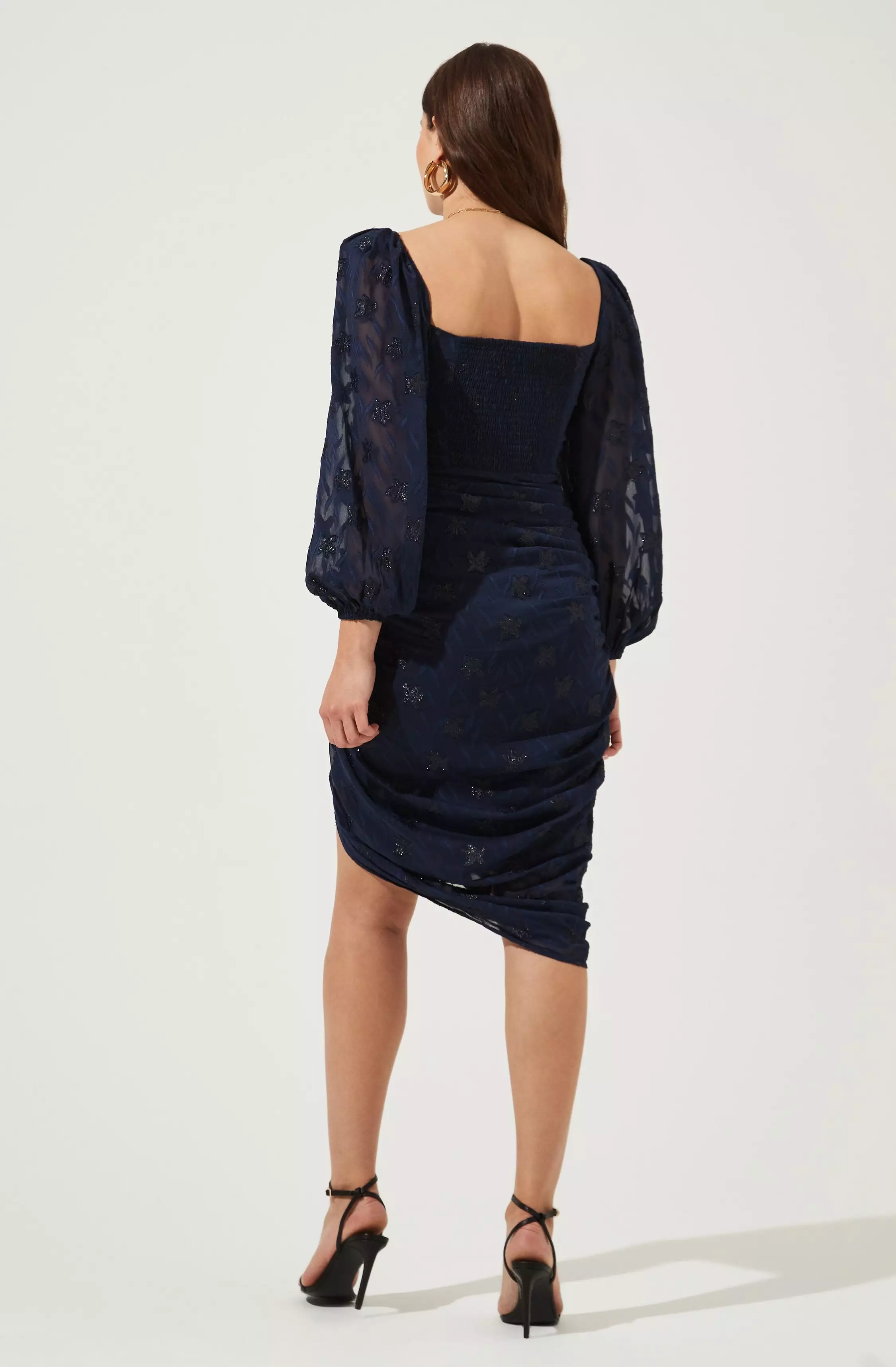 Athens Ruched Puff Sleeve Burnout Midi Dress