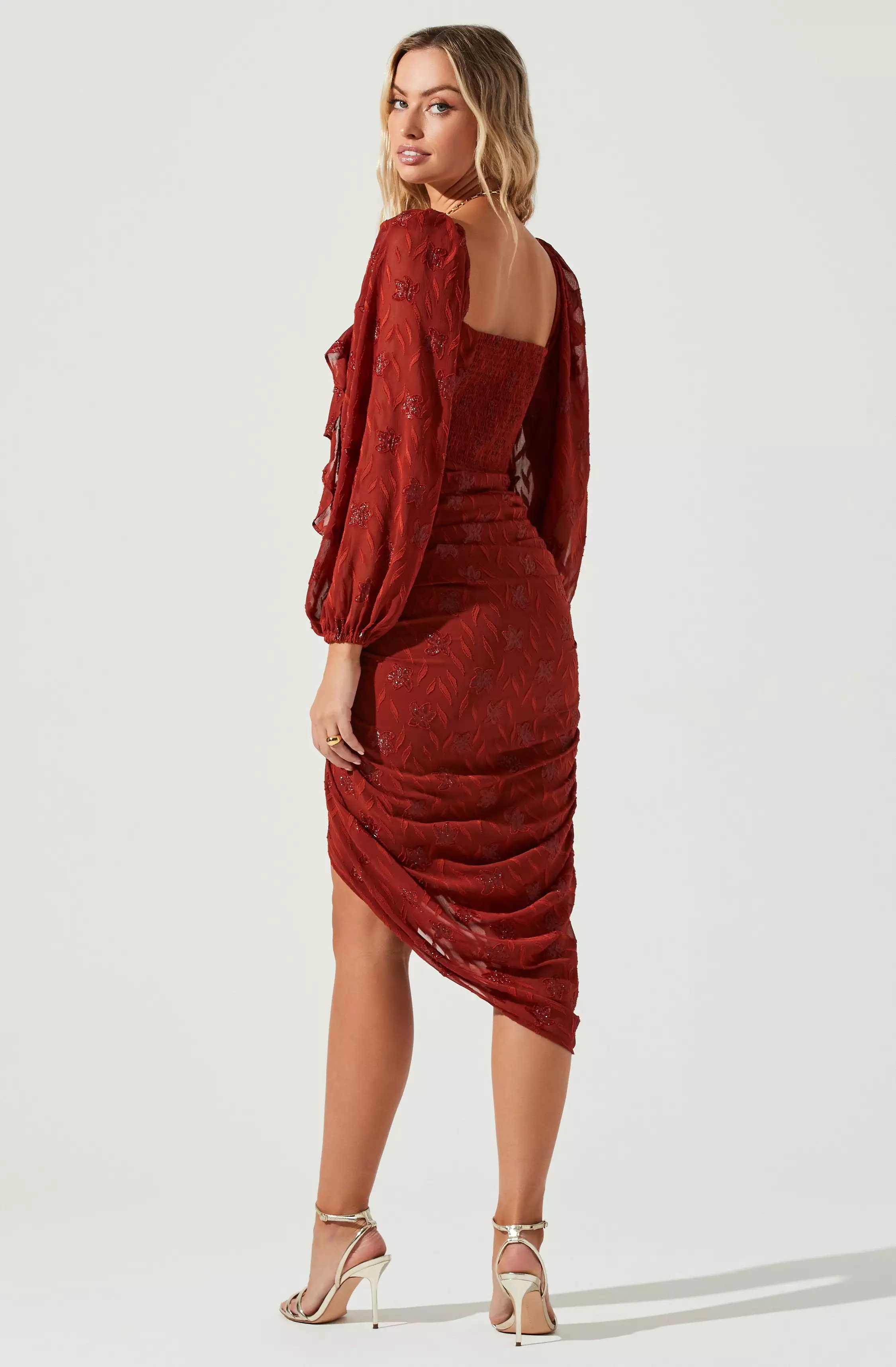 Athens Ruched Puff Sleeve Burnout Midi Dress