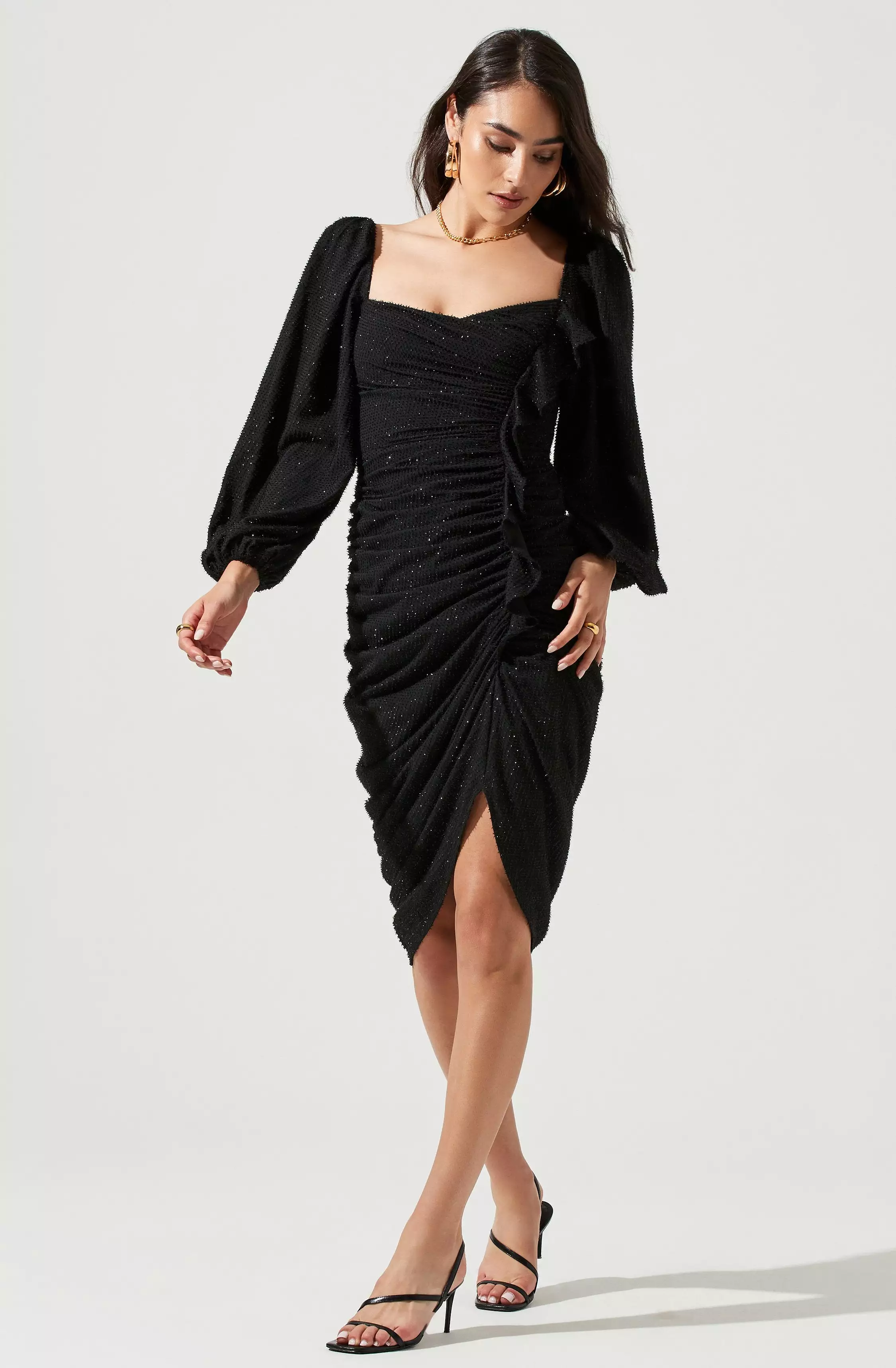 Athens Ruched Puff Sleeve Shimmer Midi Dress