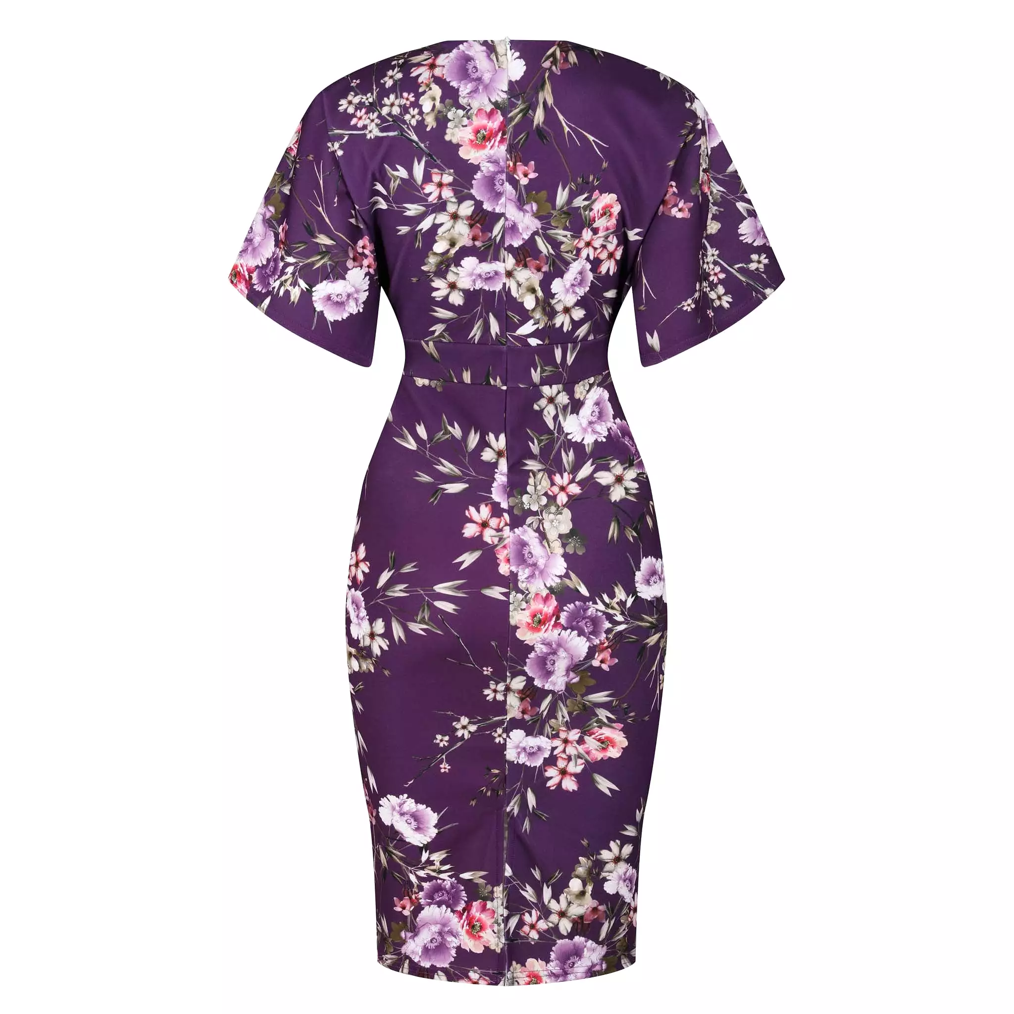 Aubergine Floral Half Batwing Sleeve Crossover Top Pencil Dress