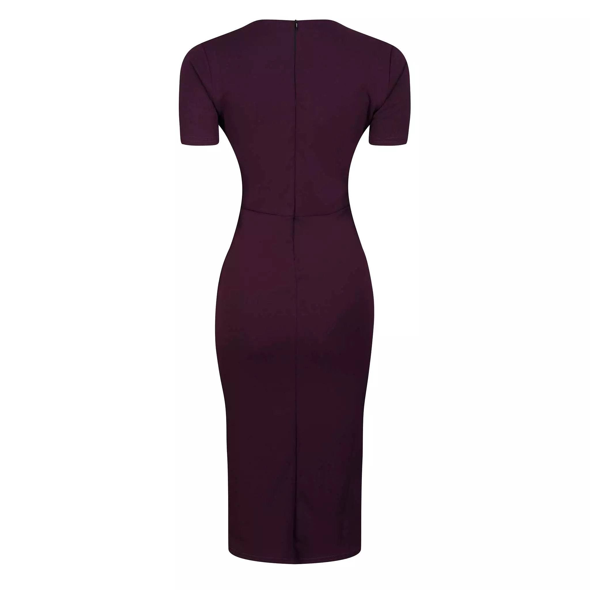 Aubergine Purple Short Sleeve Deep V Neck Bodycon Midi Dress