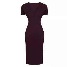 Aubergine Purple Short Sleeve Deep V Neck Bodycon Midi Dress