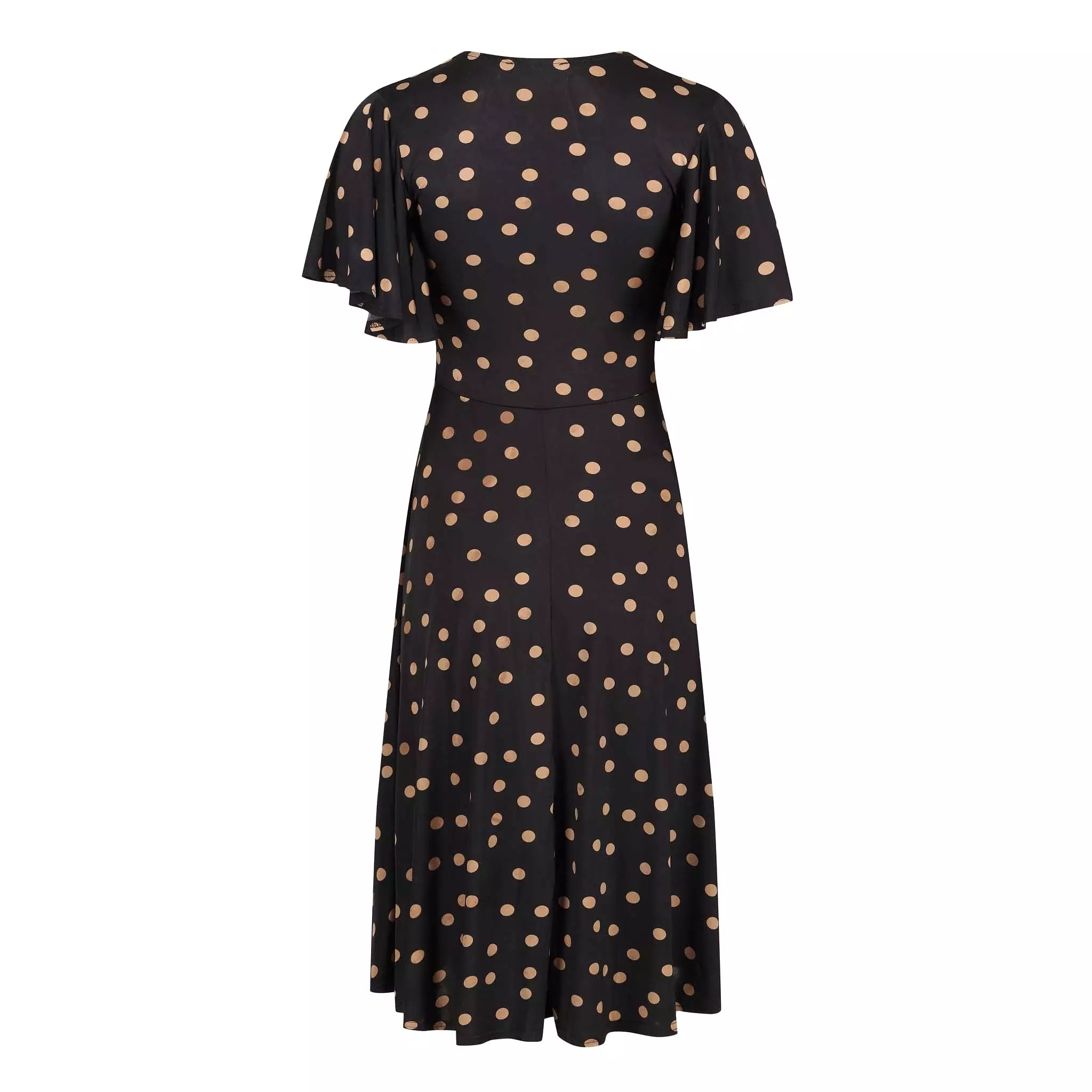 Black & Gold Polka Dot Waterfall Sleeve Wrap Style Swing Dress