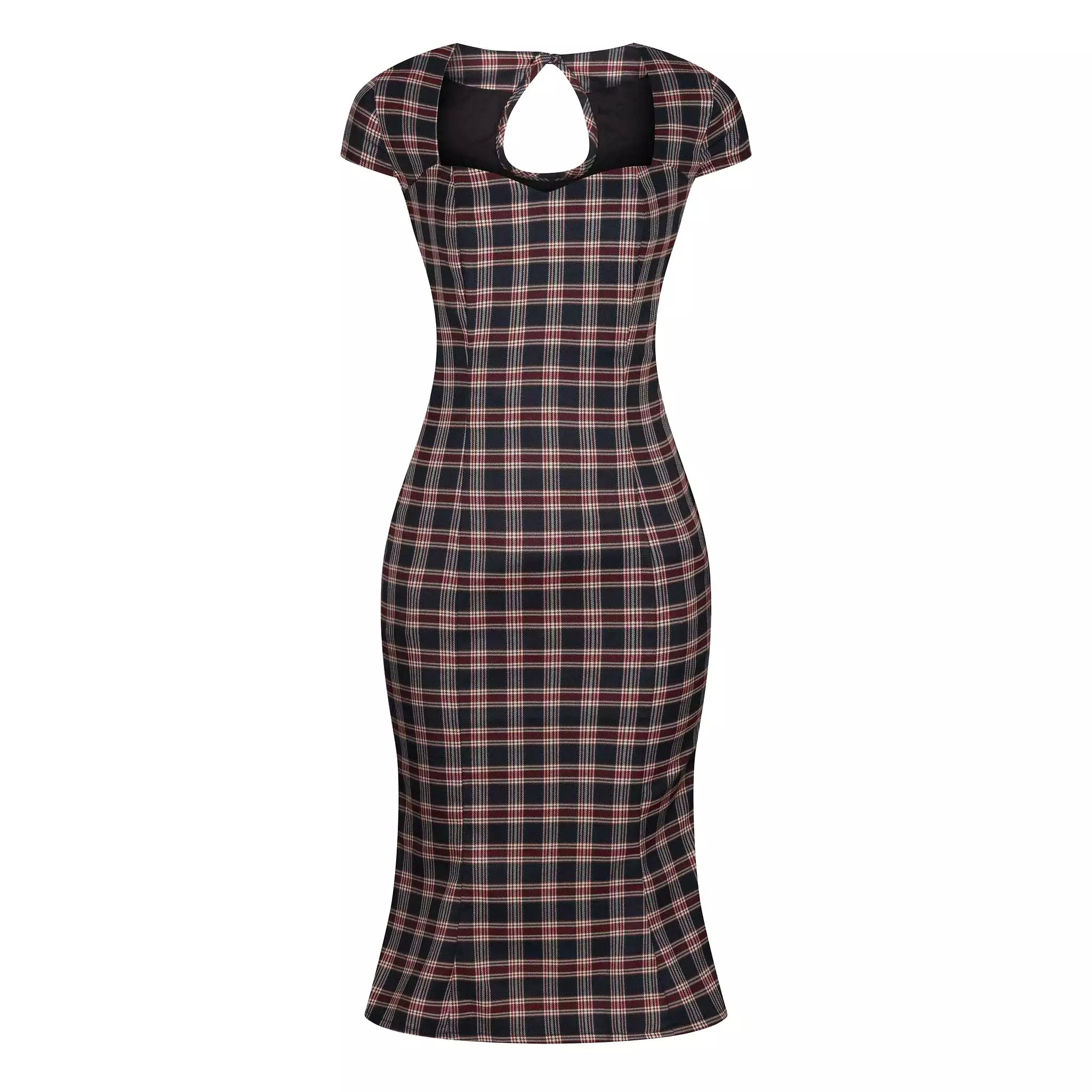 Black & Red Tartan Check Capped Sleeve Peplum Pencil Dress