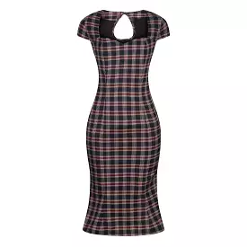 Black & Red Tartan Check Capped Sleeve Peplum Pencil Dress