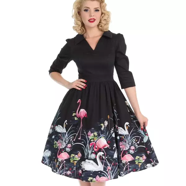 Black 3/4 Sleeve Swan and Flamingo Print 50s Swing Tea Dress