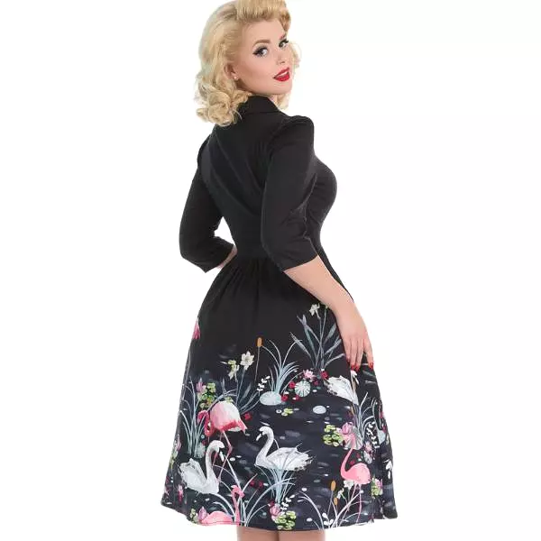 Black 3/4 Sleeve Swan and Flamingo Print 50s Swing Tea Dress