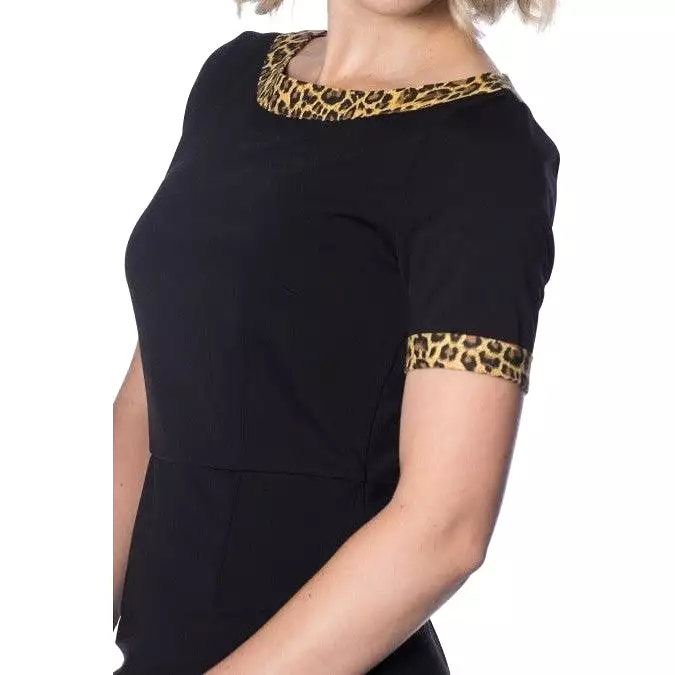 Black and Leopard Print Trim Wiggle Dress