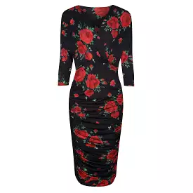 Black And Red Rose Print 3/4 Sleeve Wrap Over Midi Dress