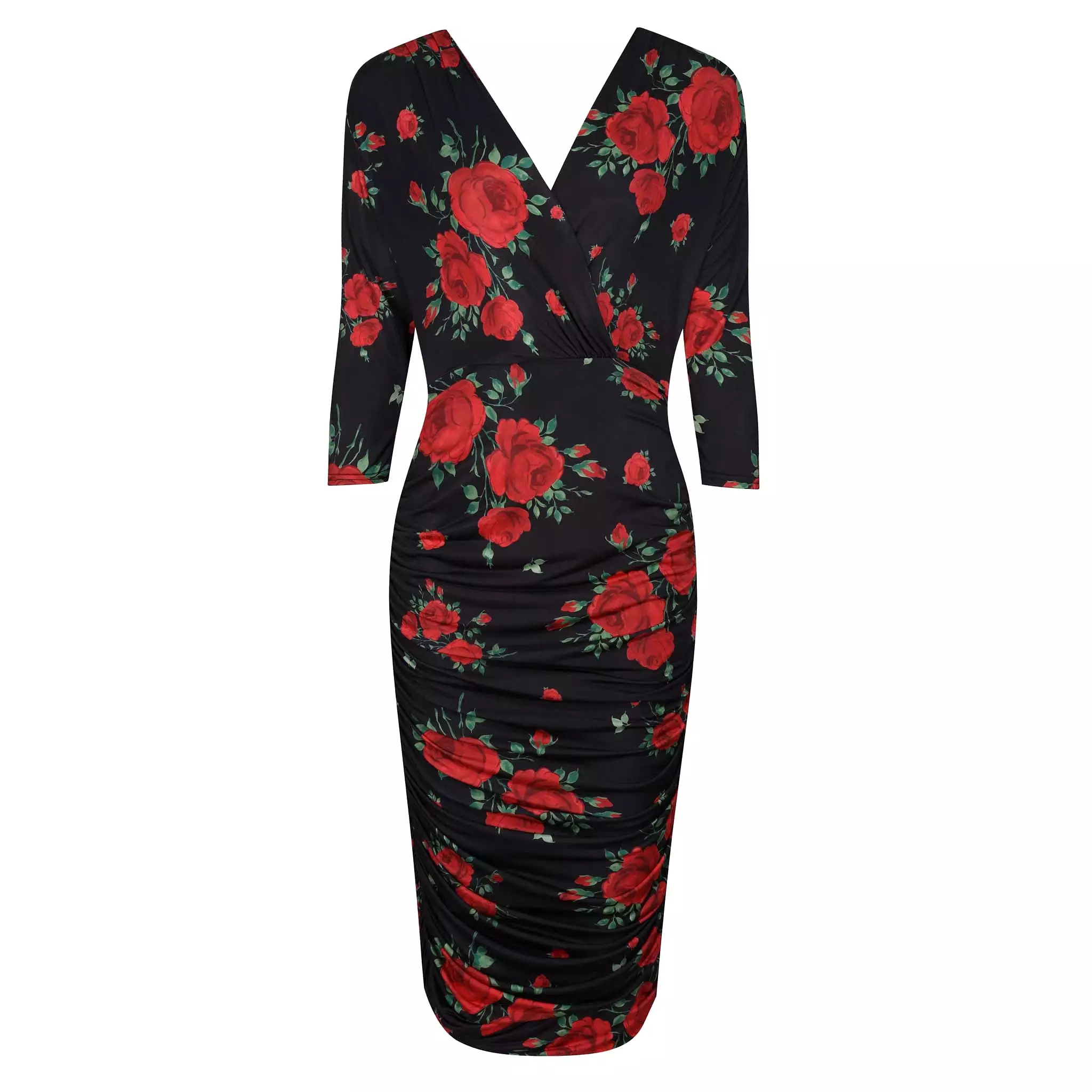 Black And Red Rose Print 3/4 Sleeve Wrap Over Midi Dress