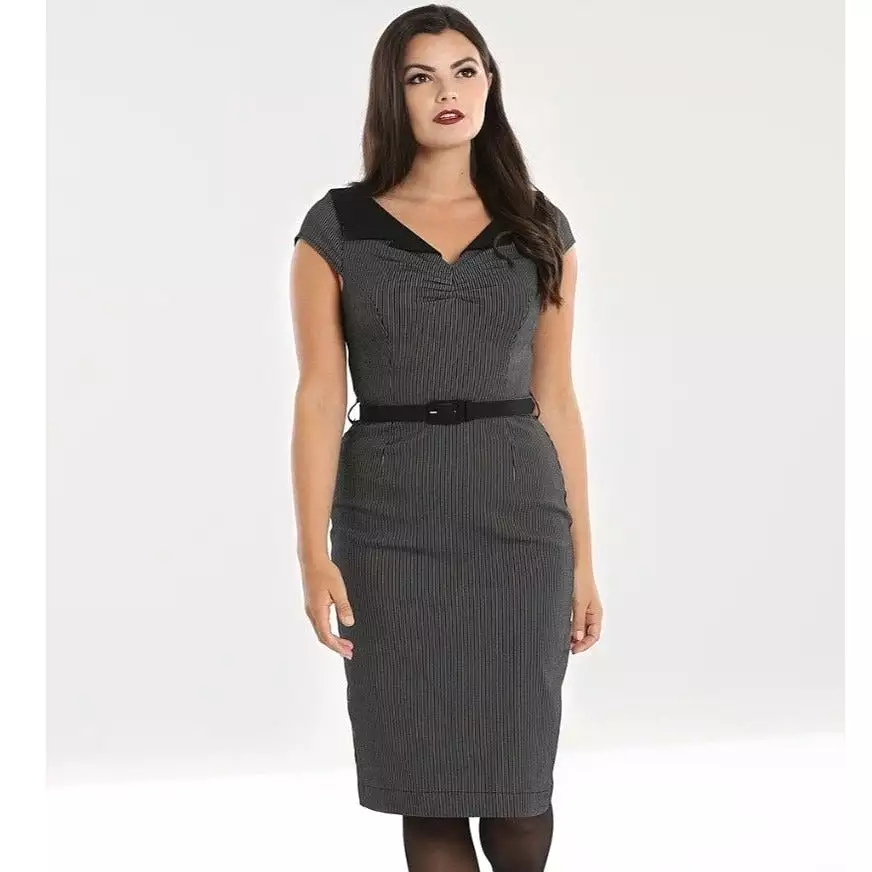 Black And White Pinstripe Belted Office Pencil Dress