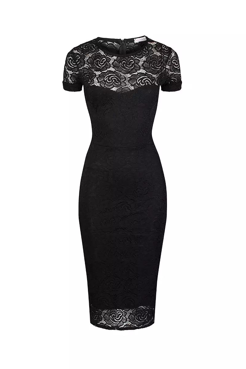 Black Cap Sleeve Lace Wiggle Pencil Cocktail Dress