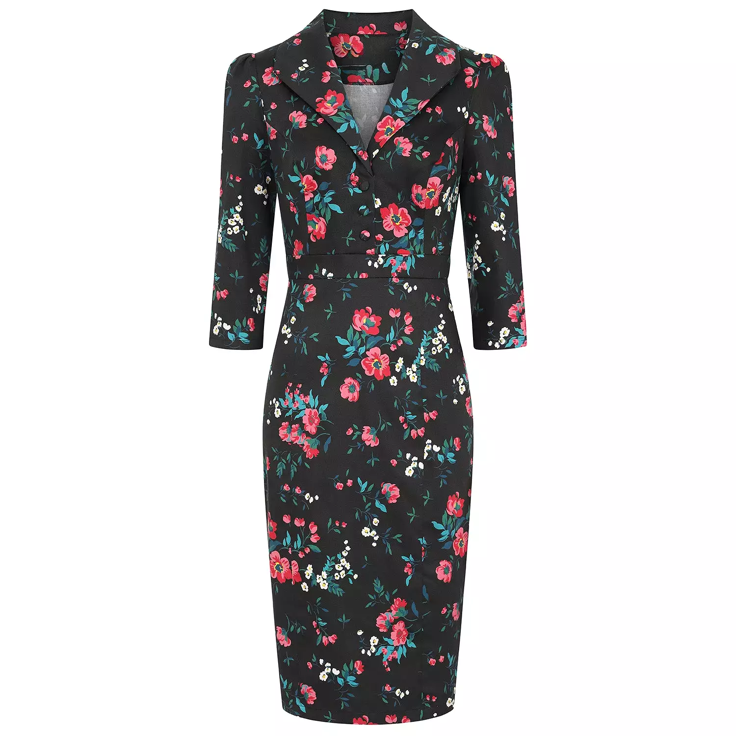 Black Collared Wiggle Dress in a Pink, White & Green Floral Print