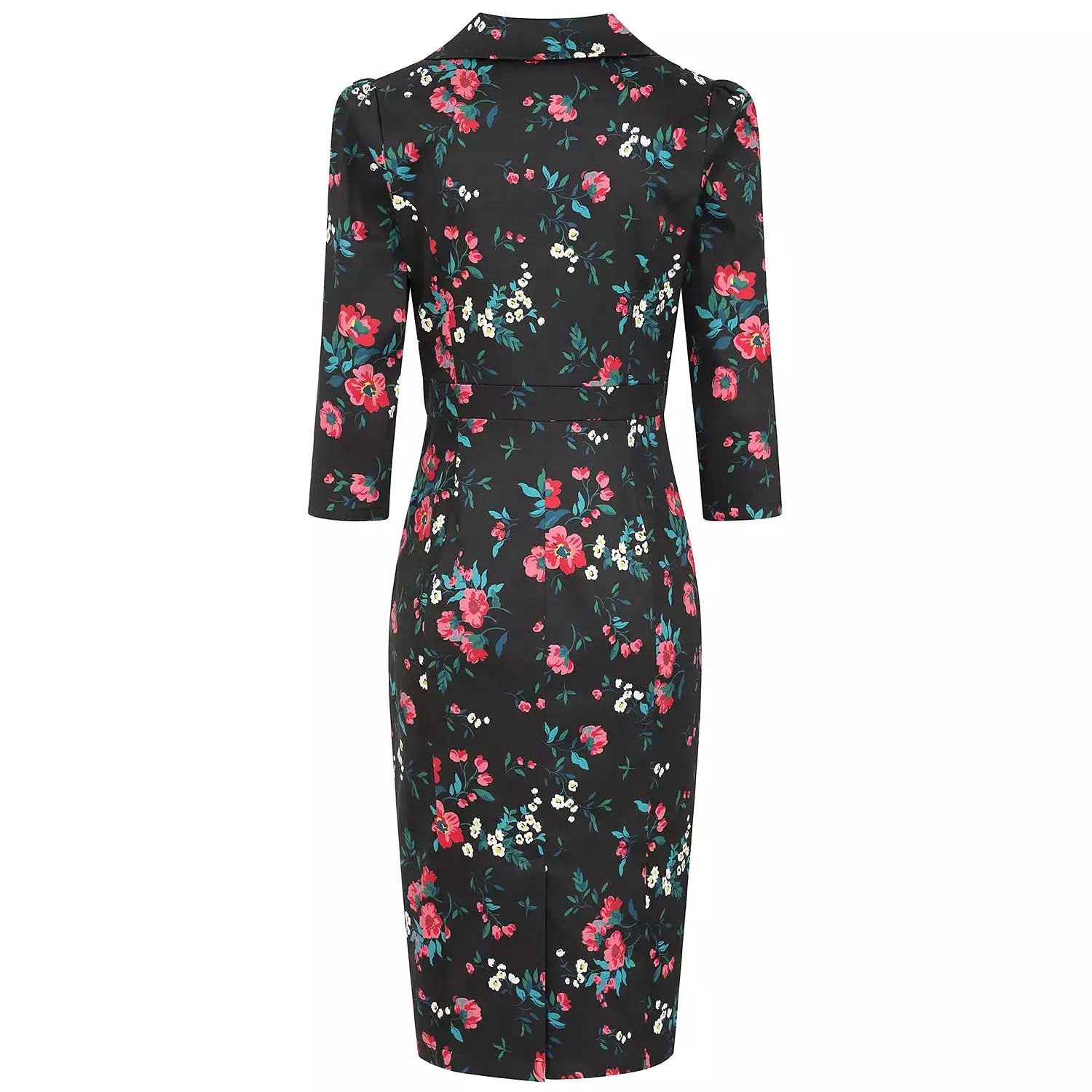 Black Collared Wiggle Dress in a Pink, White & Green Floral Print