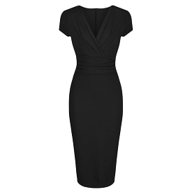 Black Deep V Cap Sleeve Bodycon Ruched Waist Wiggle Dress