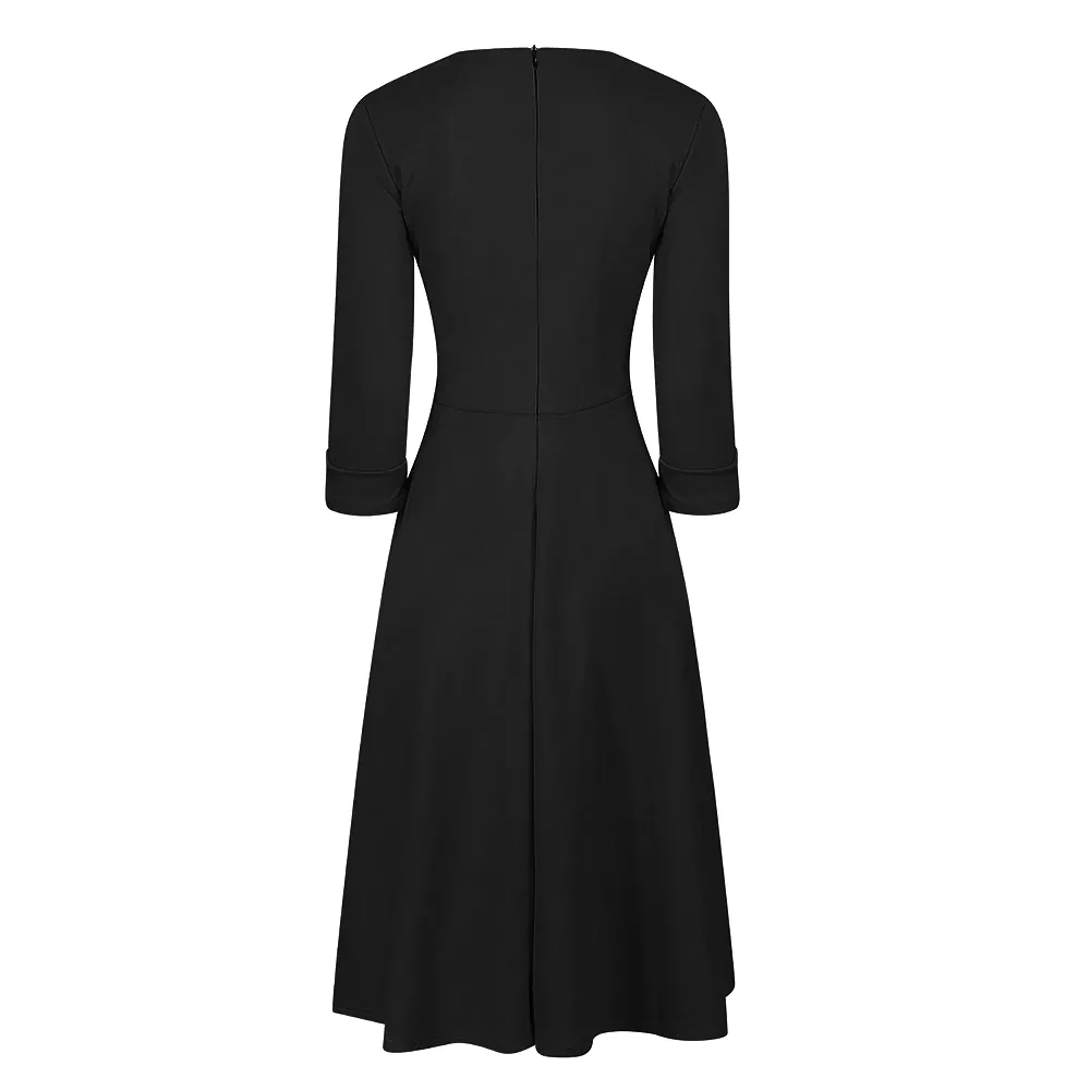 Black Deep V Neck 3/4 Sleeve Rockabilly 50s Swing Dress