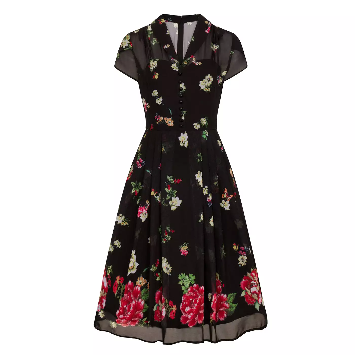 Black Floral and Butterfly Print Chiffon Overlay Retro 40s Tea Dress