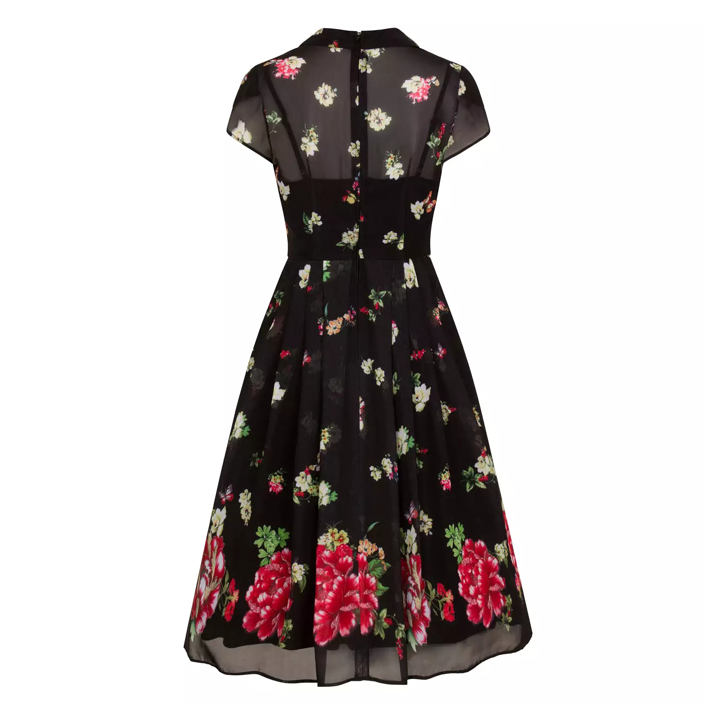 Black Floral and Butterfly Print Chiffon Overlay Retro 40s Tea Dress