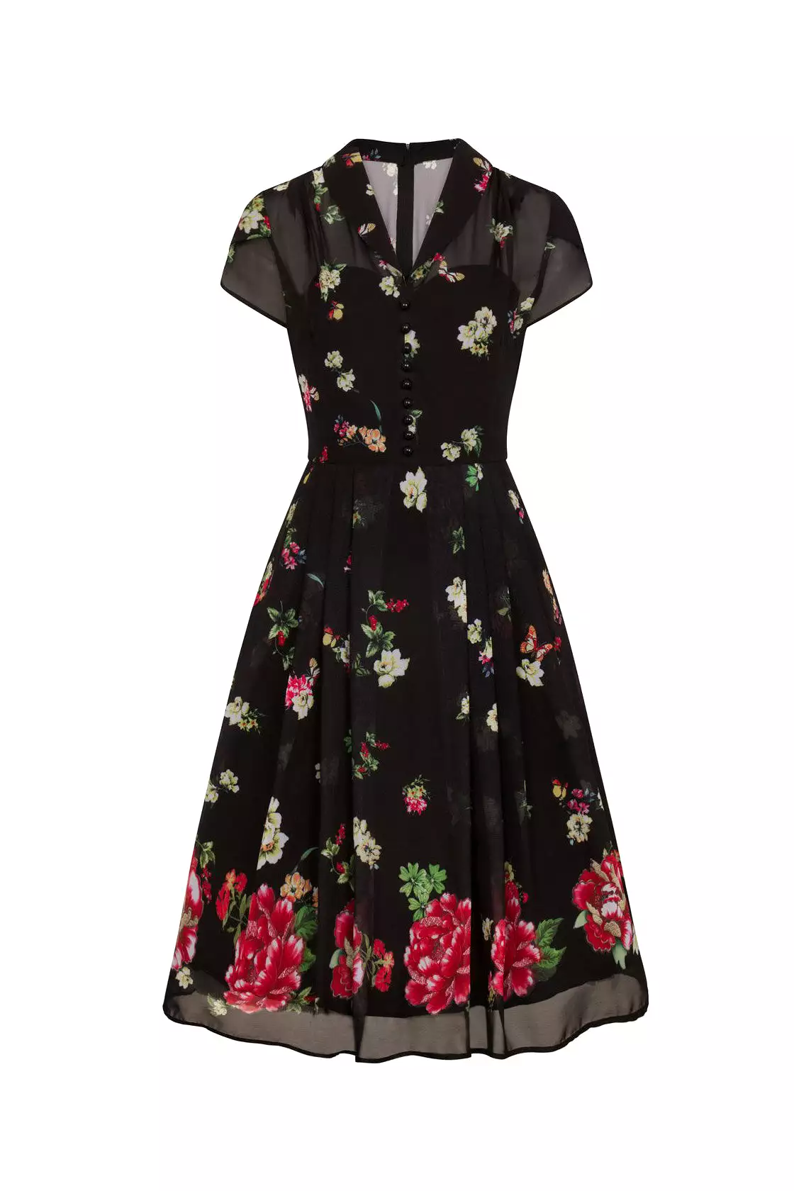 Black Floral and Butterfly Print Chiffon Overlay Retro 40s Tea Dress