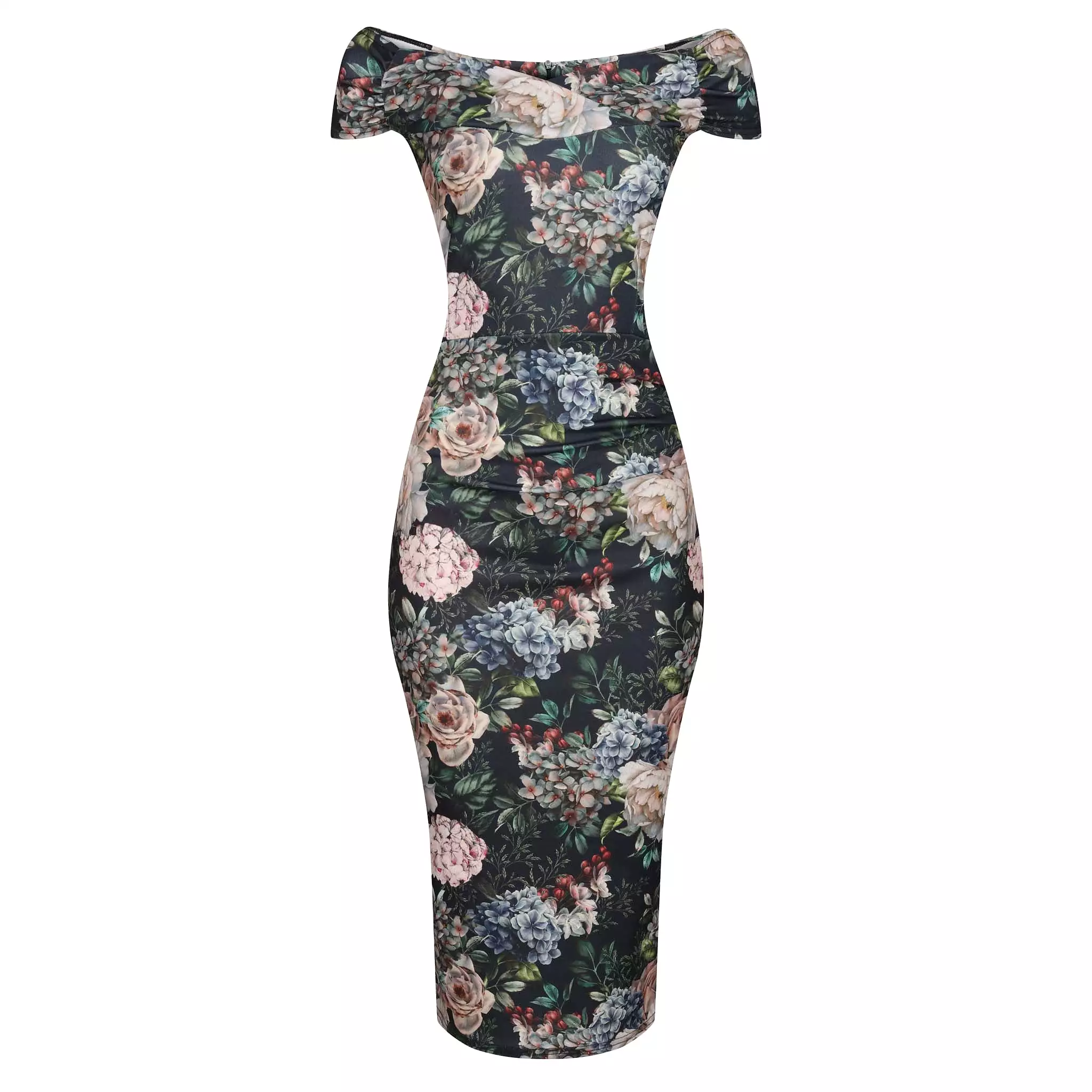 Black Floral Print Cap Sleeve Crossover Top Bardot Pencil Dress