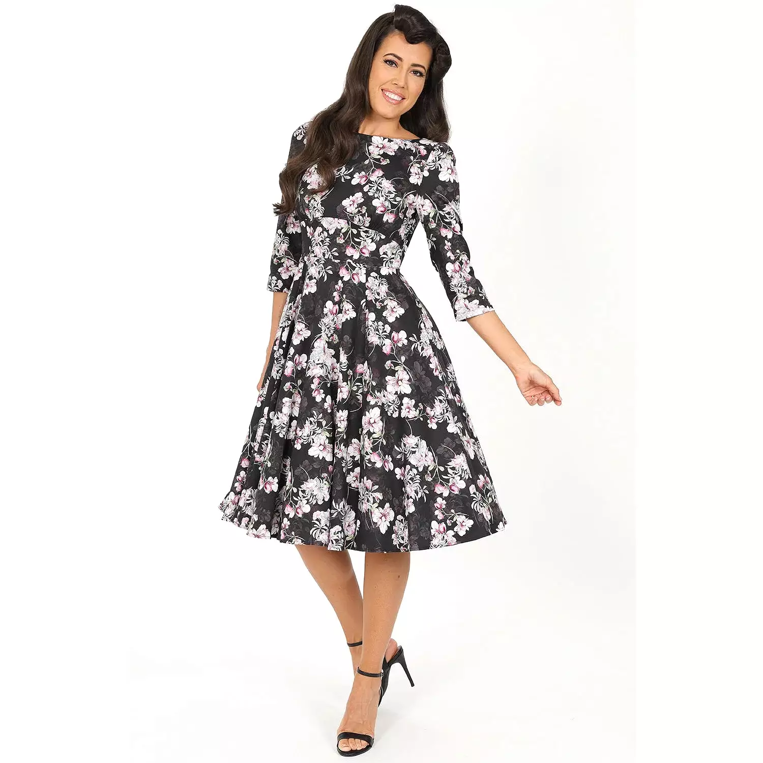 Black Pink Floral Print 50 3/4 Sleeve Swing Tea Dress With Pockets