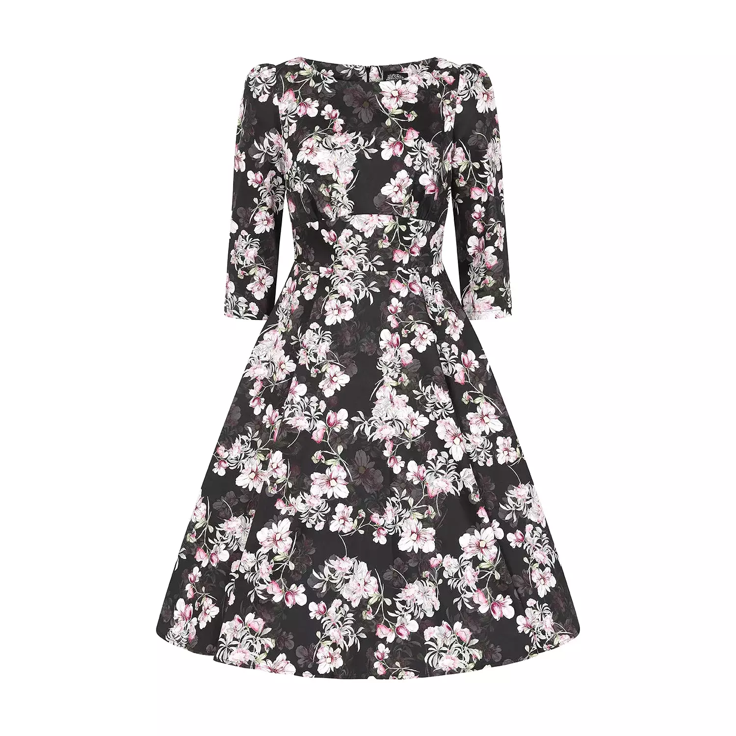 Black Pink Floral Print 50 3/4 Sleeve Swing Tea Dress With Pockets