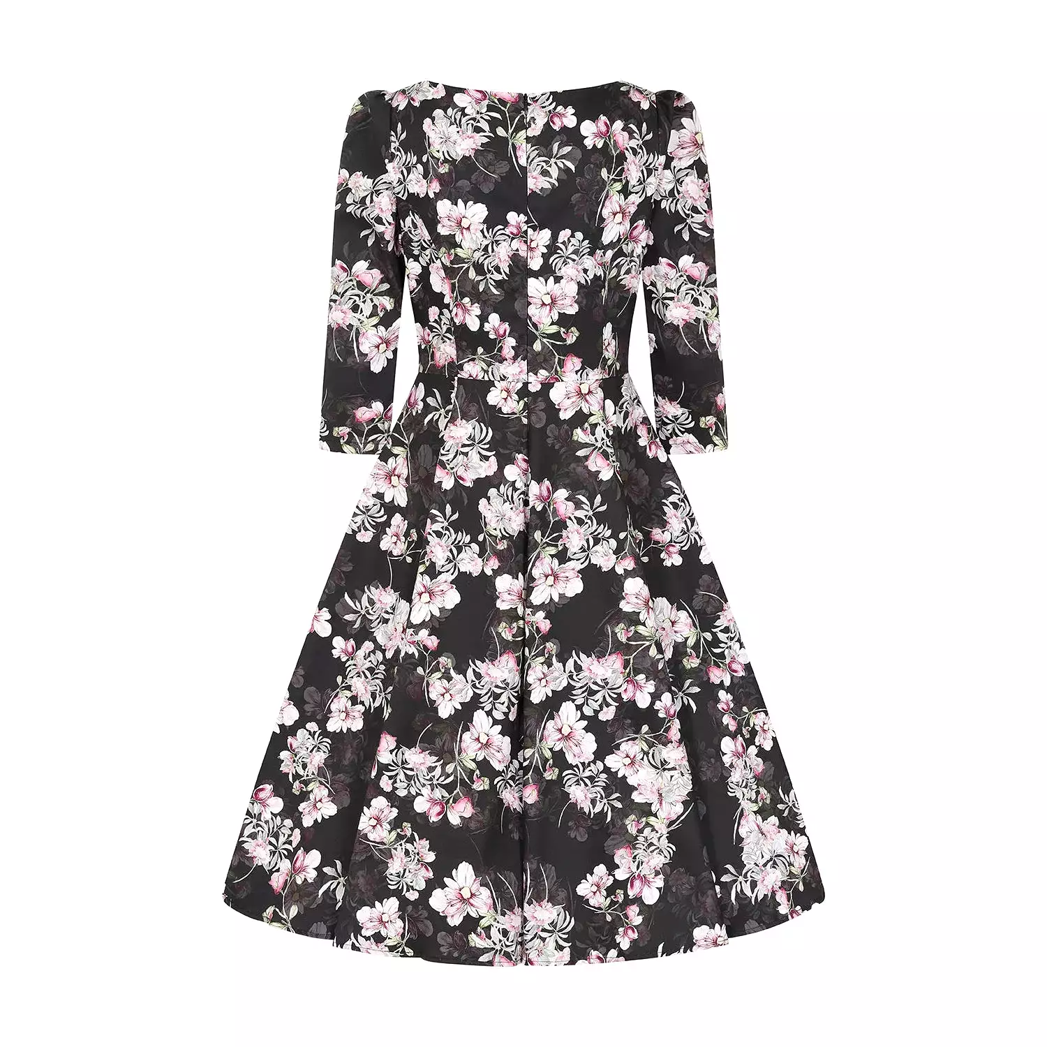 Black Pink Floral Print 50 3/4 Sleeve Swing Tea Dress With Pockets