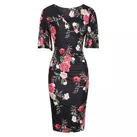 Black Pink Rose Butterfly Sleeve Slinky Pencil Cocktail Dress