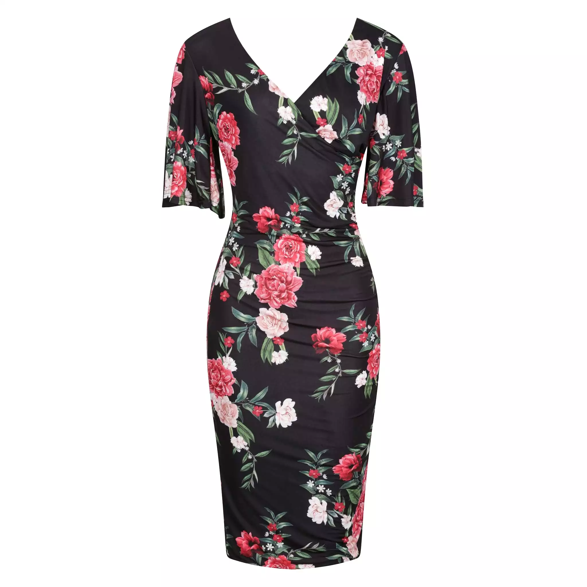 Black Pink Rose Butterfly Sleeve Slinky Pencil Cocktail Dress