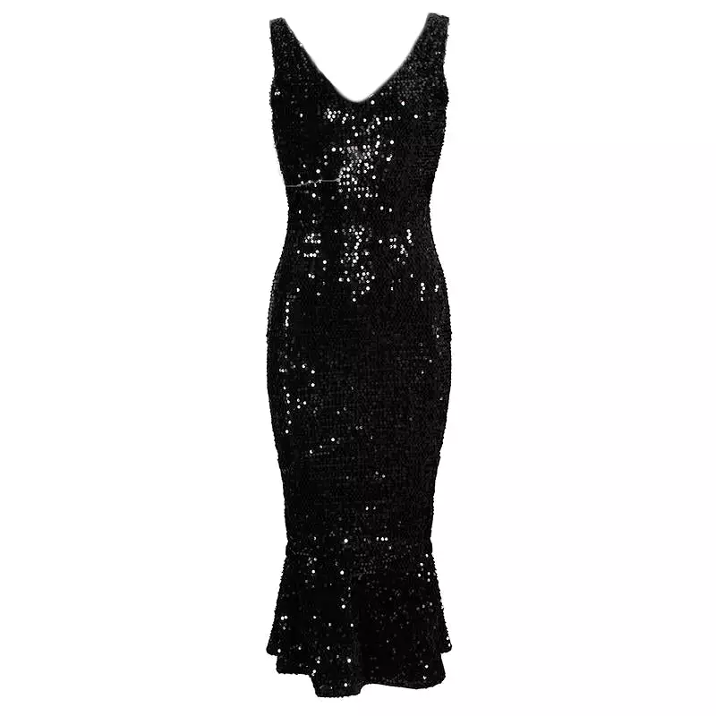 Black Sequin Sleeveless Peplum Hem Bodycon Wiggle Party Dress