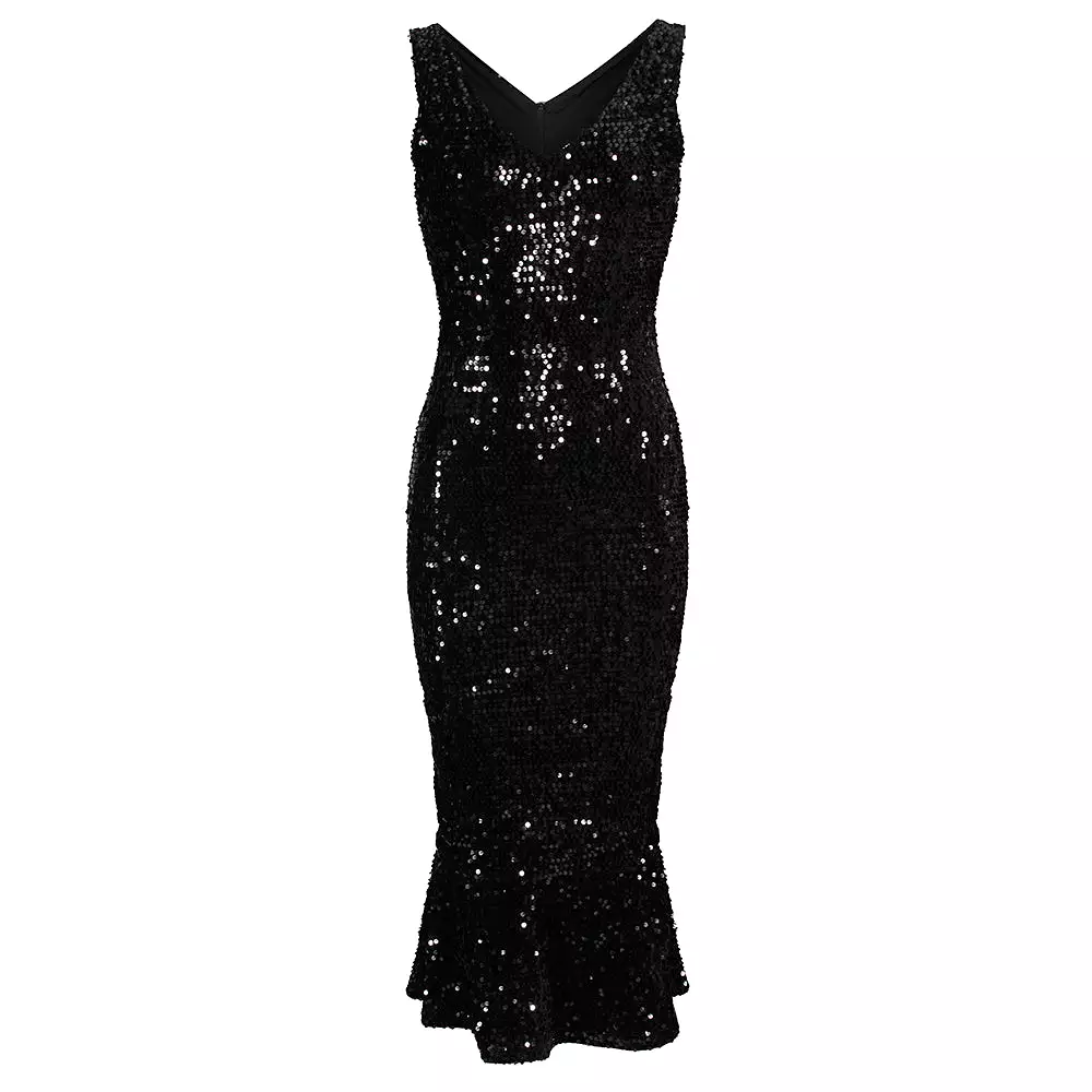 Black Sequin Sleeveless Peplum Hem Bodycon Wiggle Party Dress