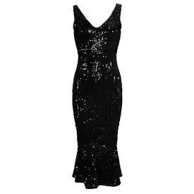 Black Sequin Sleeveless Peplum Hem Bodycon Wiggle Party Dress