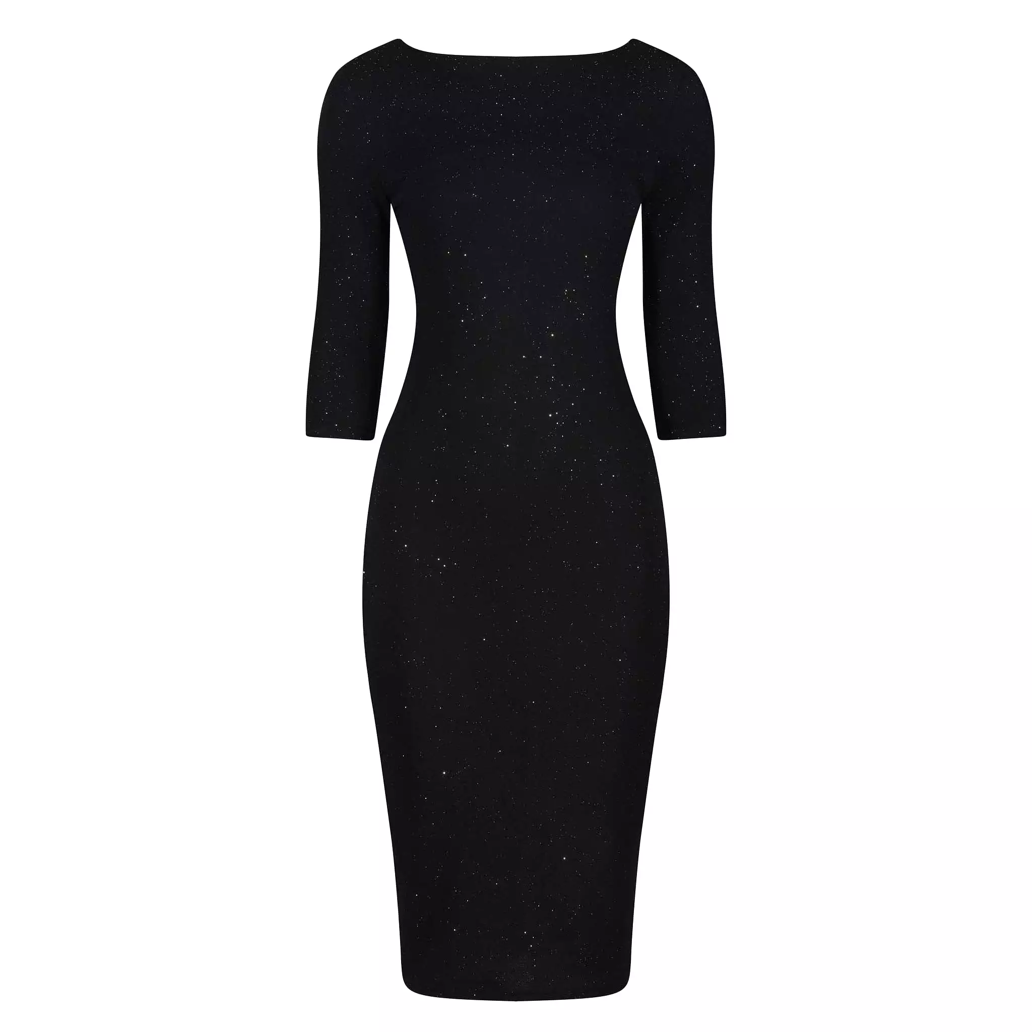 Black Silver Glitter 3/4 Sleeve Bodycon Velour Midi Party Dress