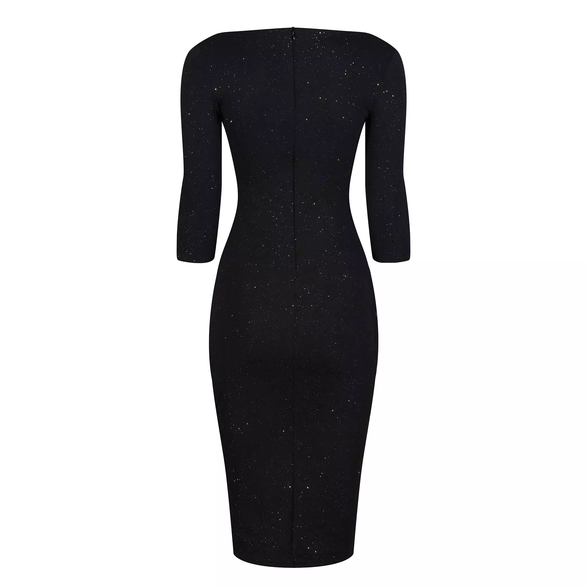 Black Silver Glitter 3/4 Sleeve Bodycon Velour Midi Party Dress