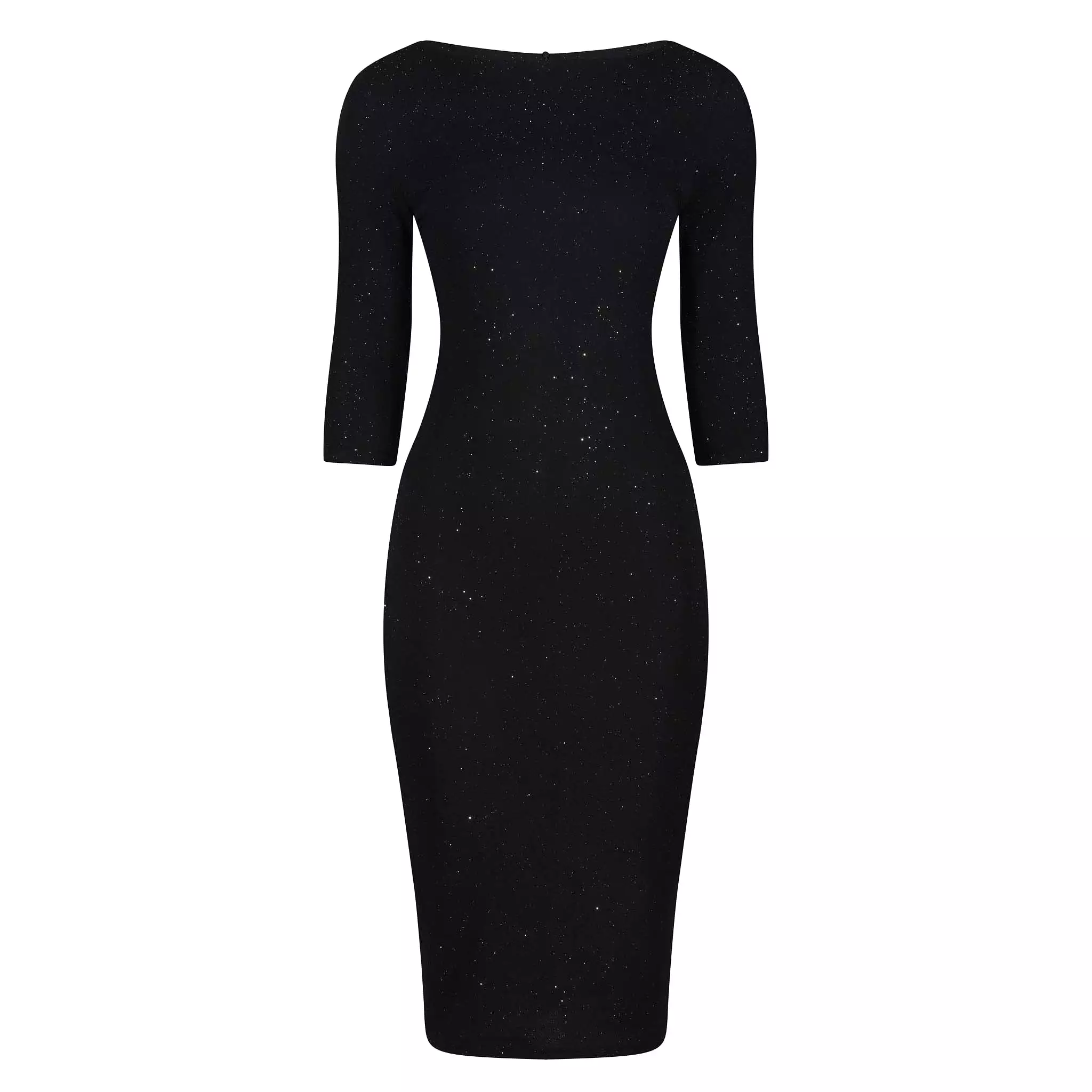 Black Silver Glitter 3/4 Sleeve Bodycon Velour Midi Party Dress