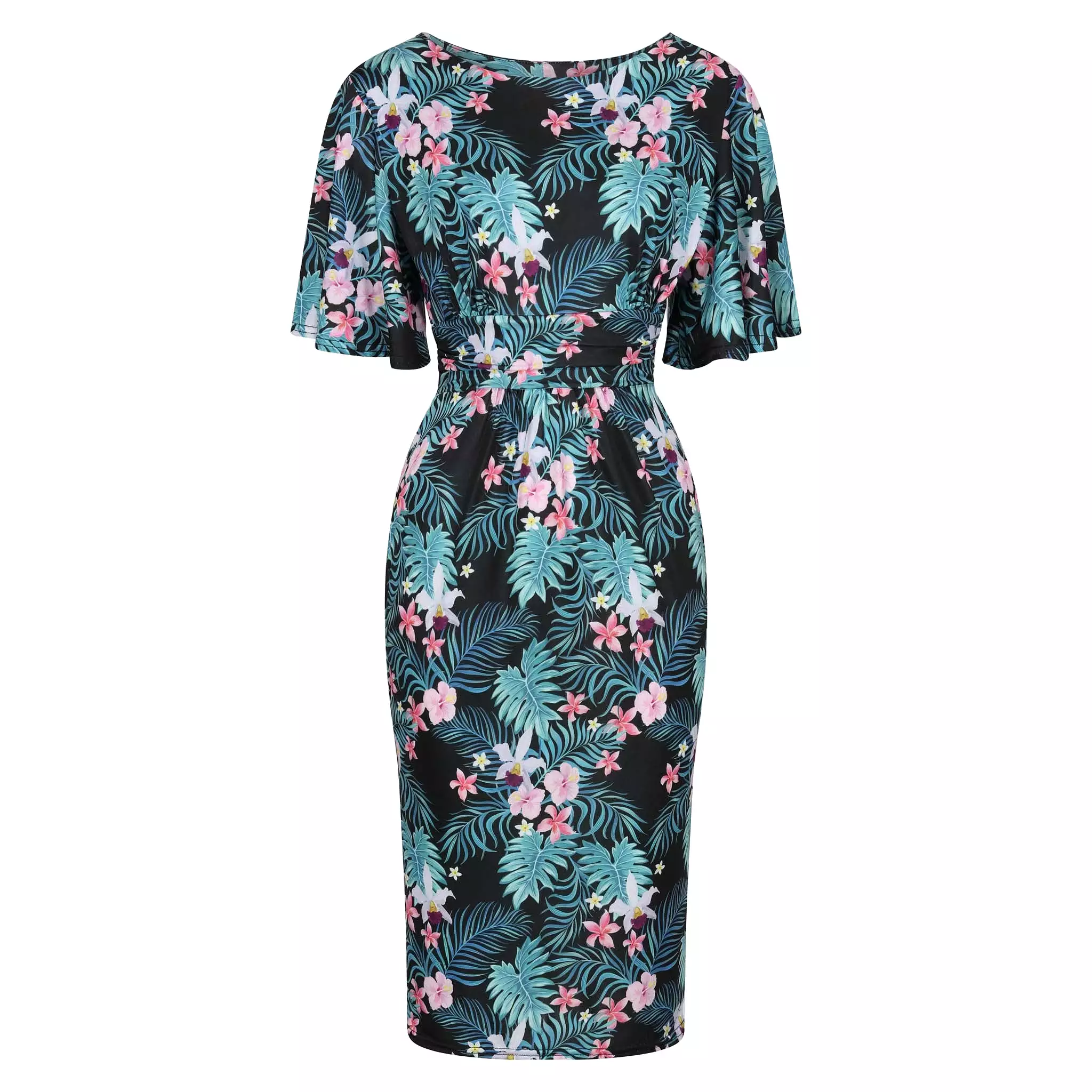 Black Tropical Floral Print Waterfall Sleeve Bodycon Pencil Dress