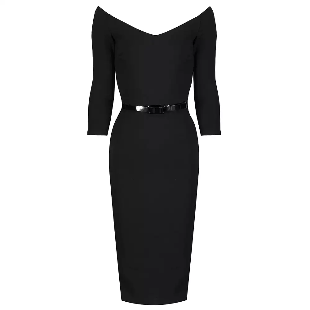 Black Wide V Neck 3/4 Sleeve Vintage Style Belted Bodycon Pencil Dress