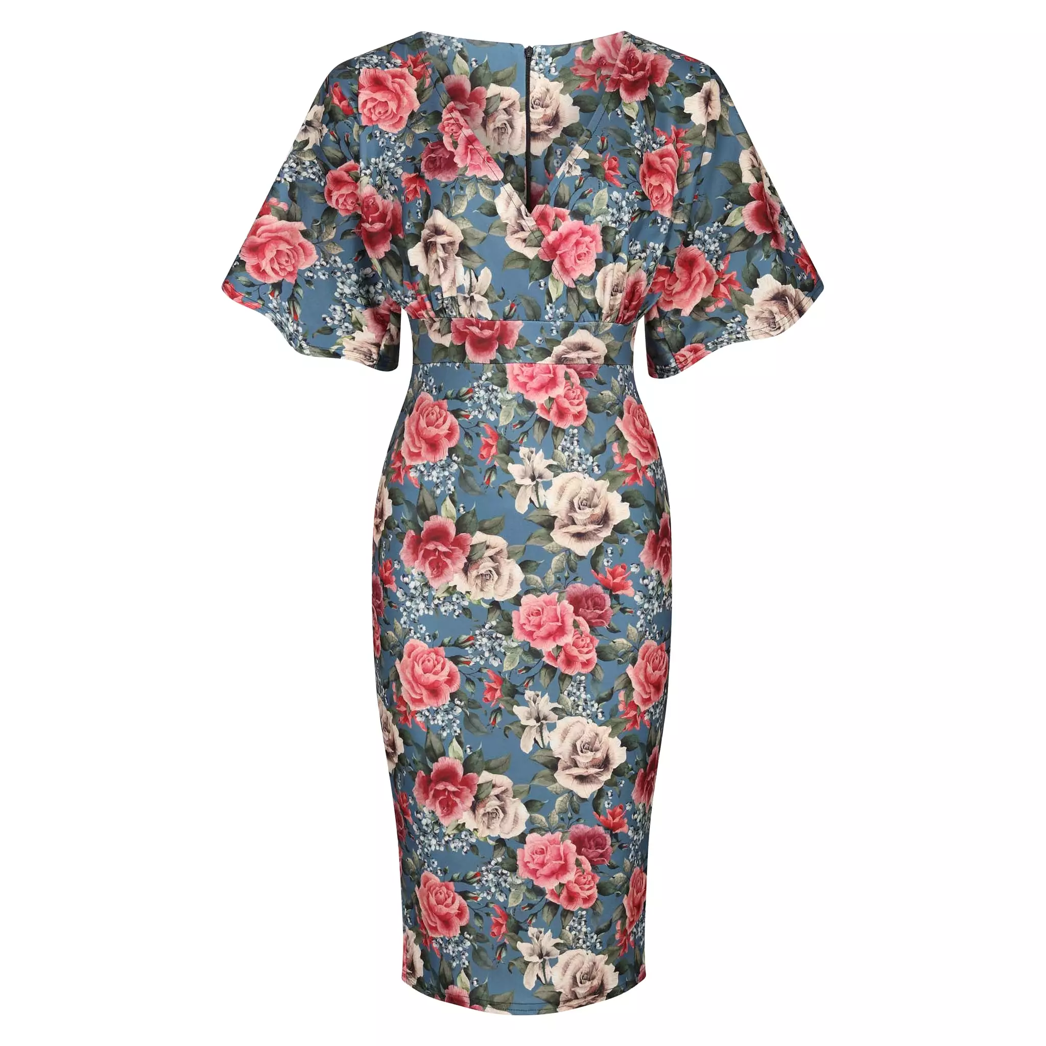 Blue and Rose Print Half Batwing Sleeve Crossover Top Pencil Dress